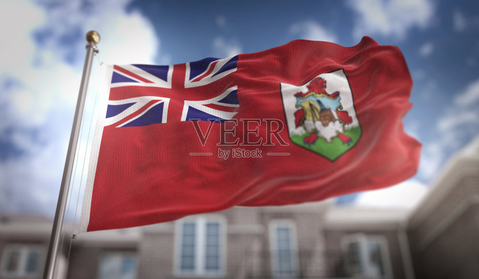 百慕大旗3D渲染蓝天建筑背景照片摄影图片