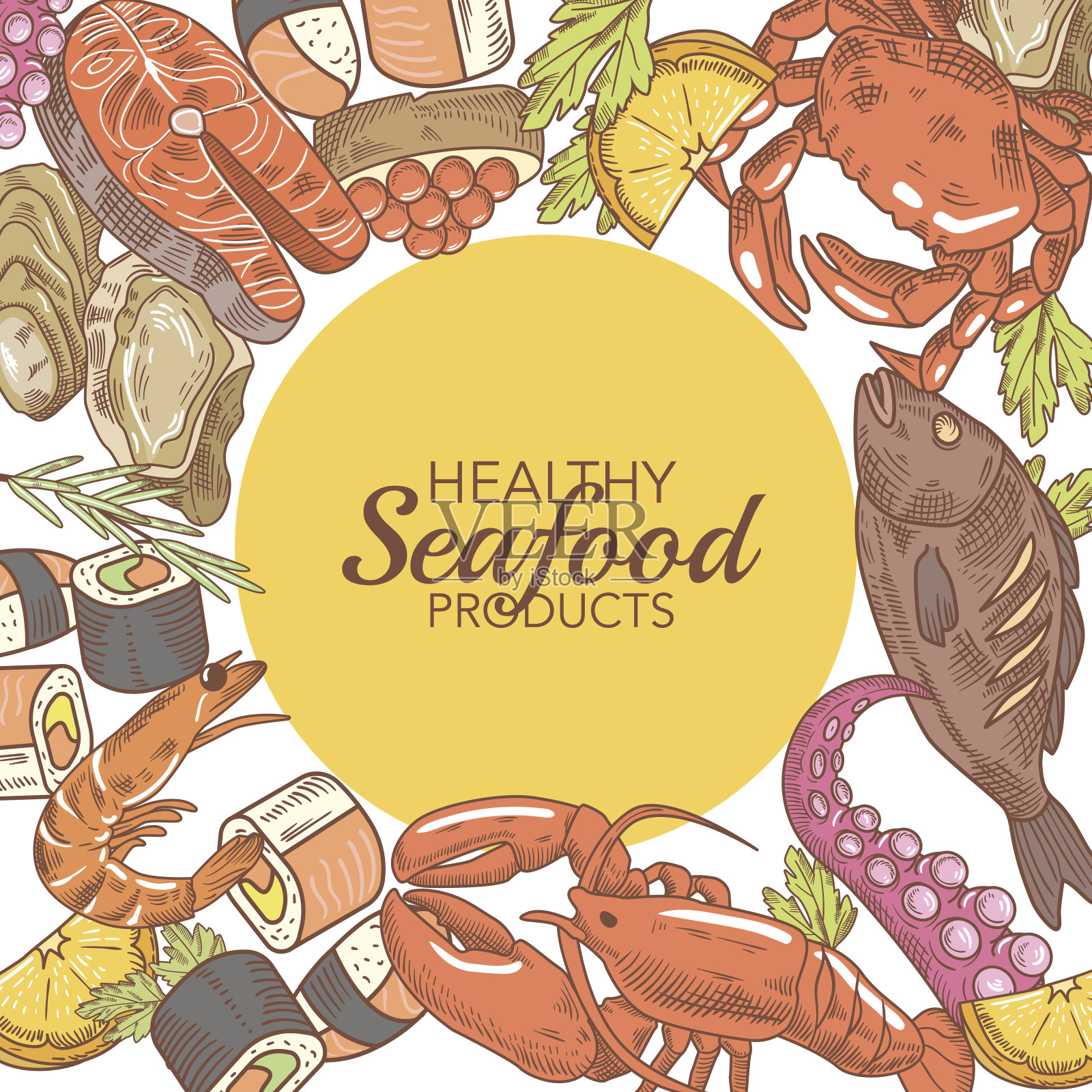 手绘海鲜设计与鱼蟹插画图片素材