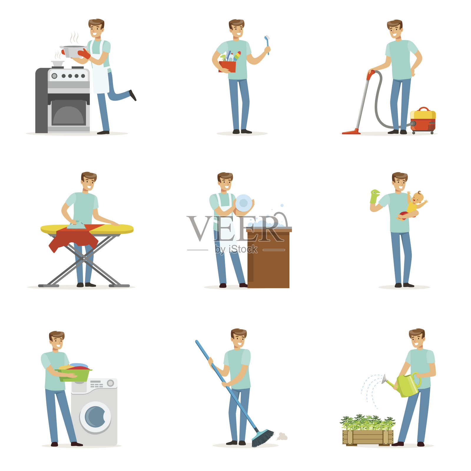 幸福的家庭男人们打扫他们的房子，洗衣服，熨衣服，抚养孩子。一套彩色的卡通详细矢量插图插画图片素材