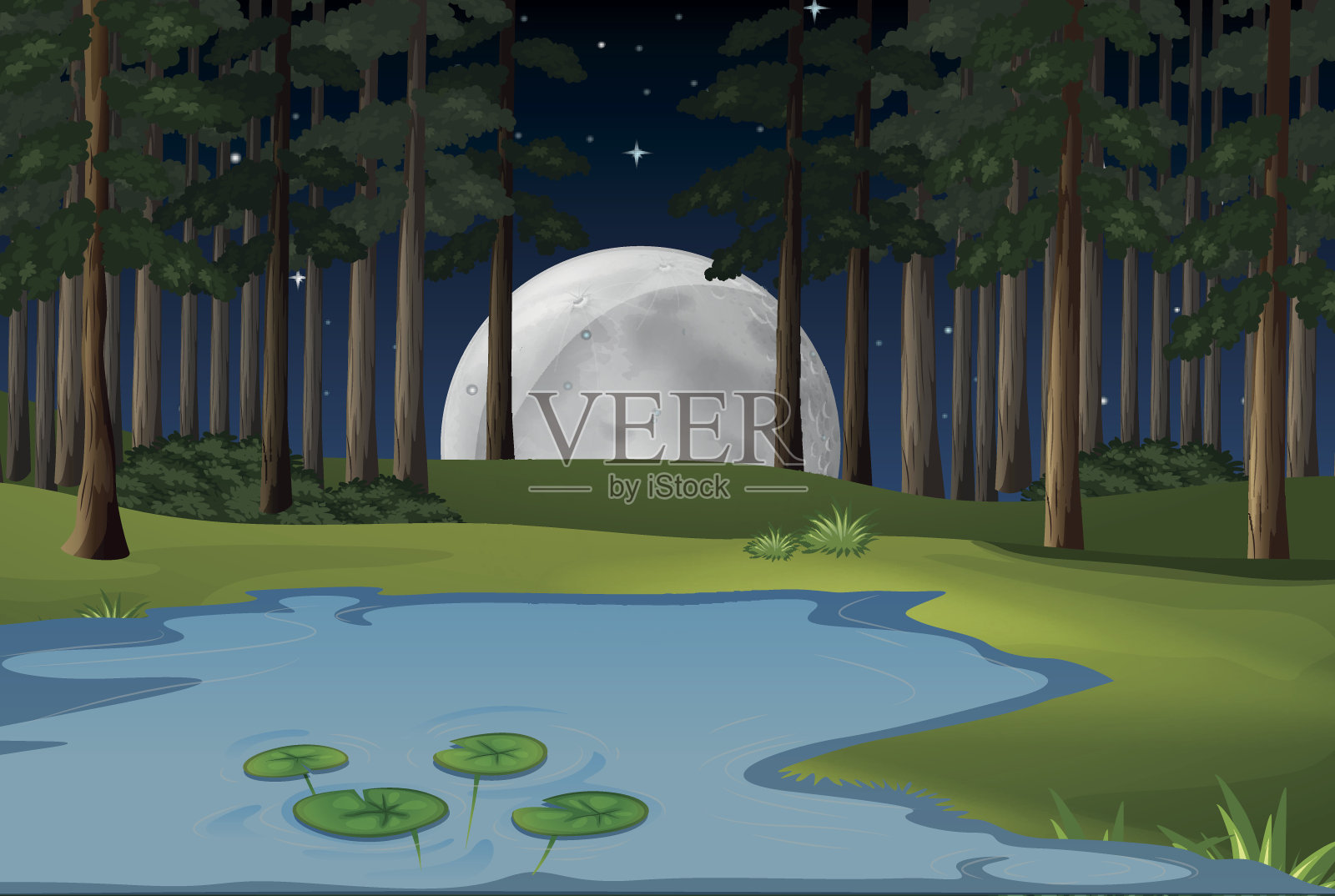 满月和森林池塘的自然景观插画图片素材