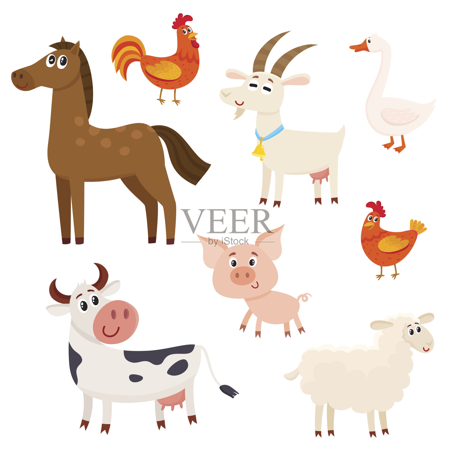 农场动物-牛，羊，马，猪，山羊，公鸡，母鸡，鹅设计元素图片