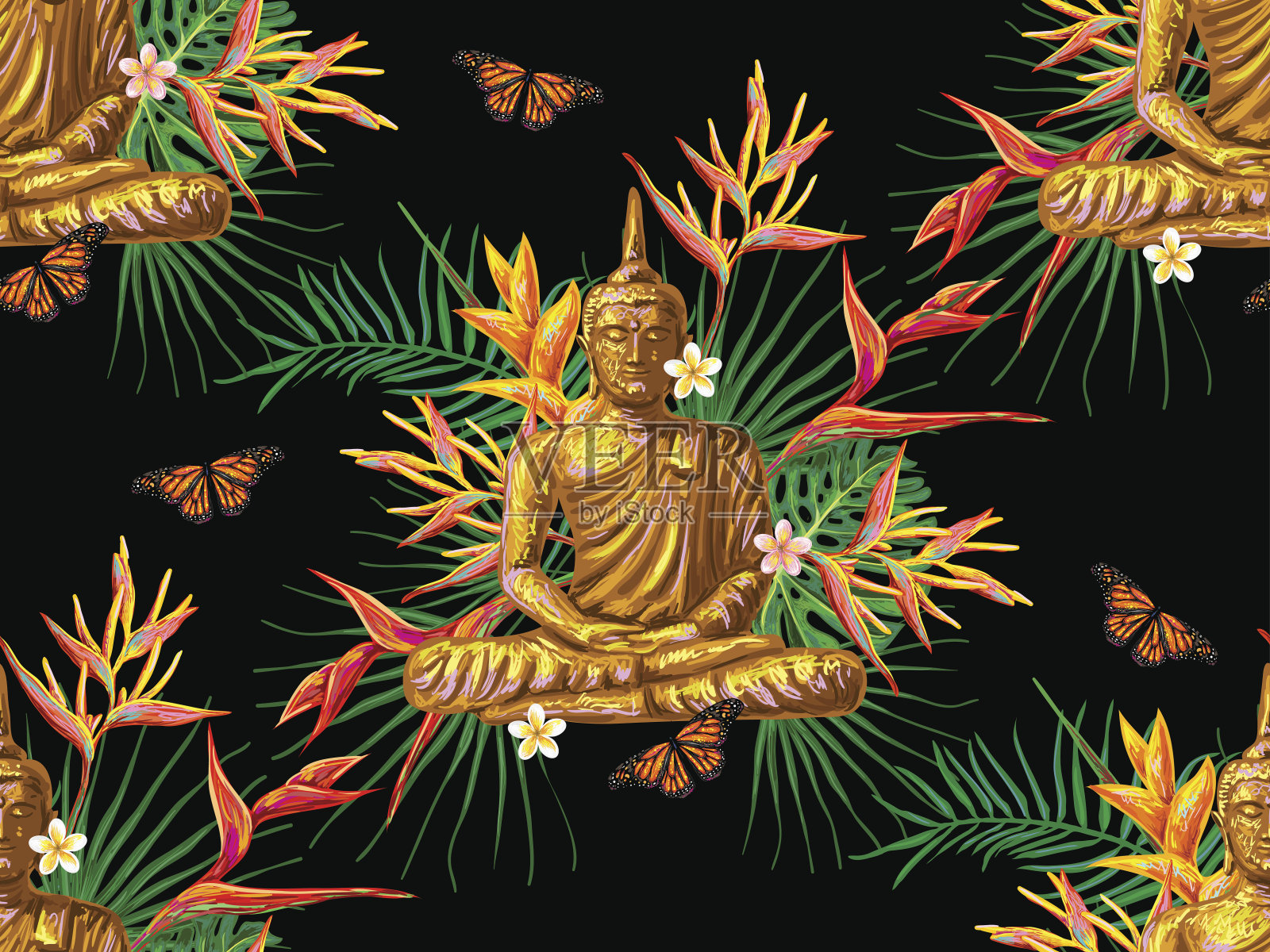 无缝的嬉皮图案坐佛，棕榈叶，花，蝴蝶。印度深奥的矢量插图背景完美的壁纸，图案填充，网页，表面纹理，纺织品插画图片素材