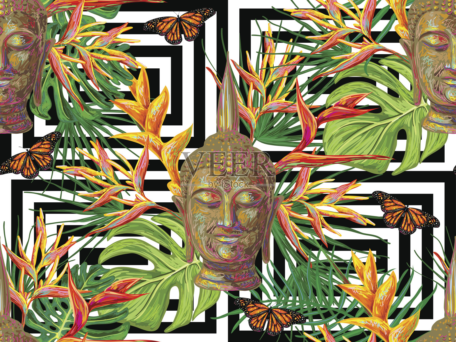 无缝的嬉皮图案，佛头，棕榈叶，花，蝴蝶。印度深奥的矢量插图背景完美的壁纸，图案填充，网页，表面纹理，纺织品插画图片素材