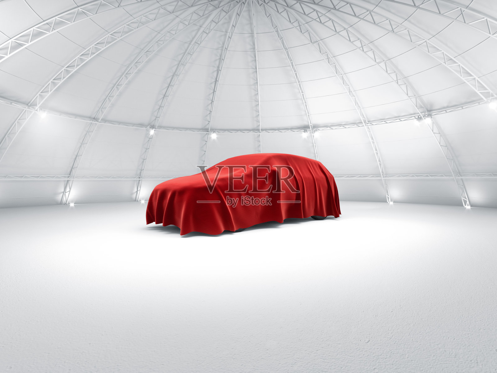 洁净的白色仓库穹顶展示空间轿车舞台下轿车推出，红色面料下展示
三维演示照片摄影图片