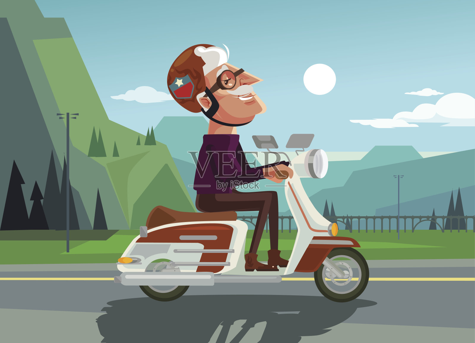 快乐的微笑老人性格驾驶摩托车插画图片素材