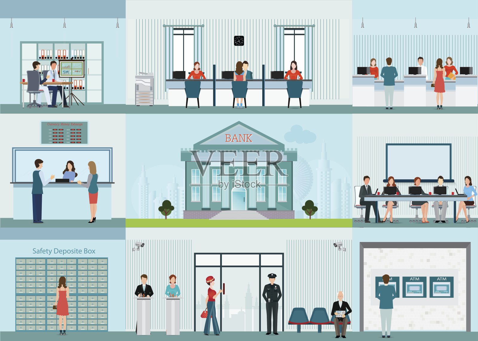 银行大楼和财务信息图表与办公室。插画图片素材