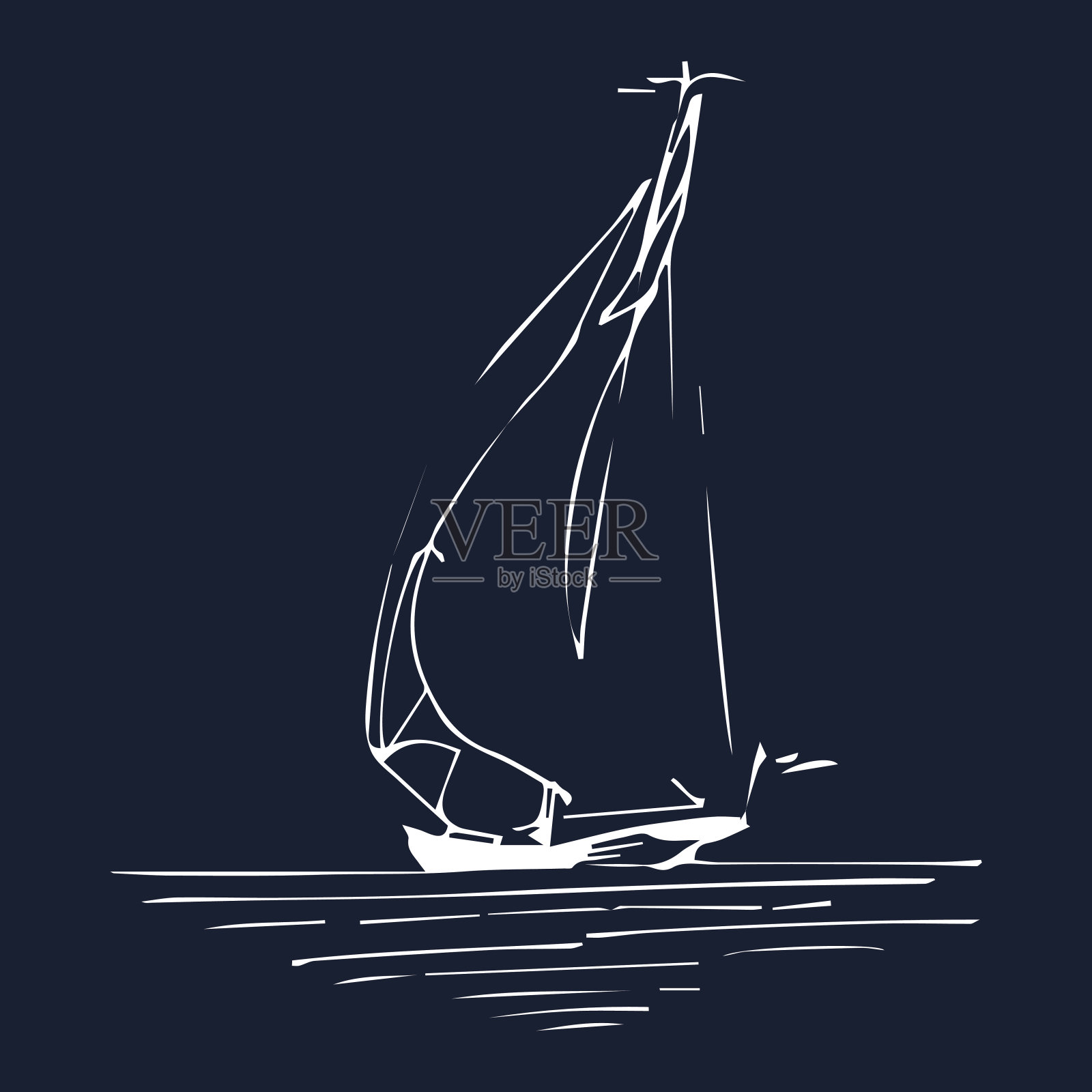 在海洋中的帆船或船在墨线风格。矢量手绘游艇。海洋主题设计。插画图片素材