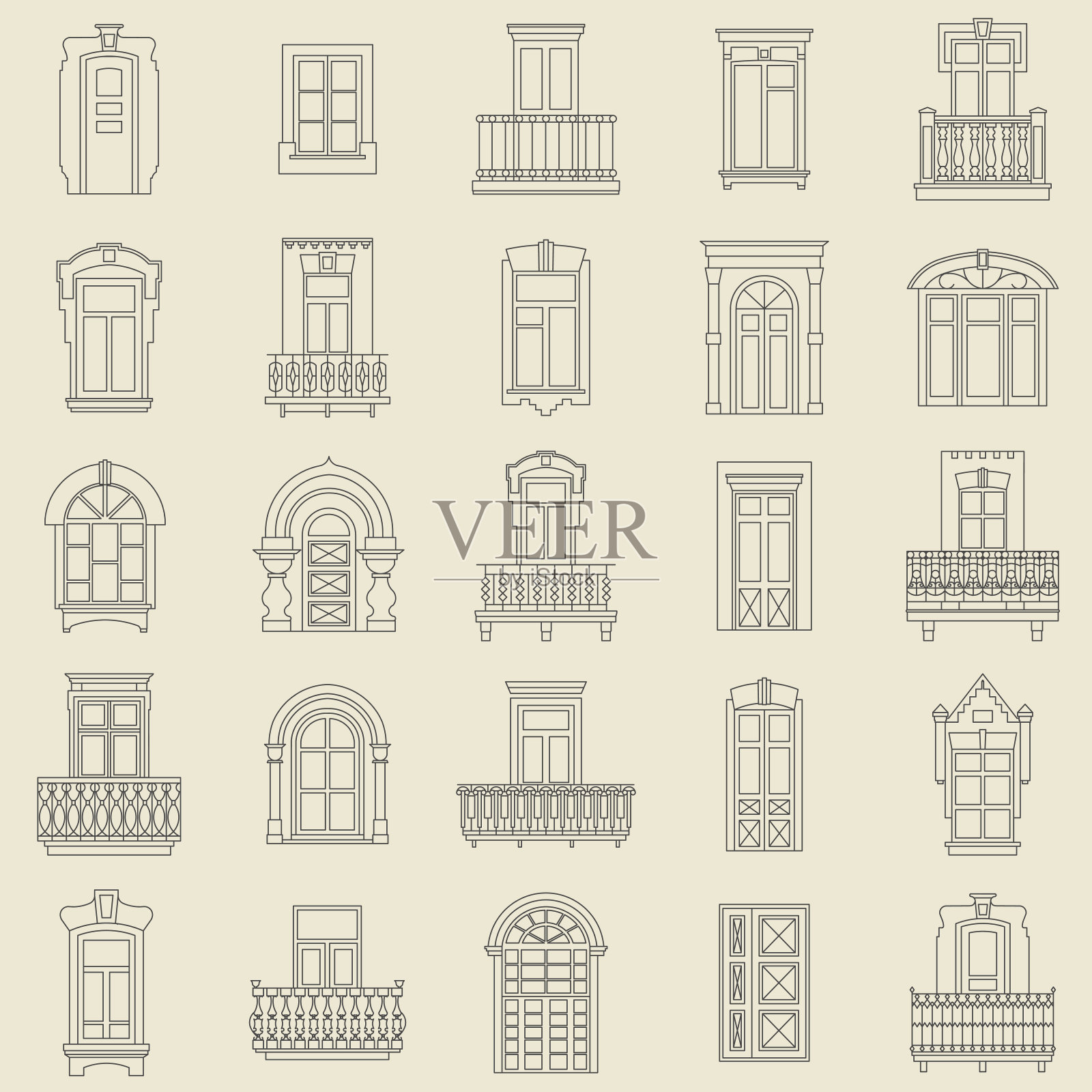 向量组黑色细线图标的复古装饰门，窗户，阳台上的白色背景。插画图片素材