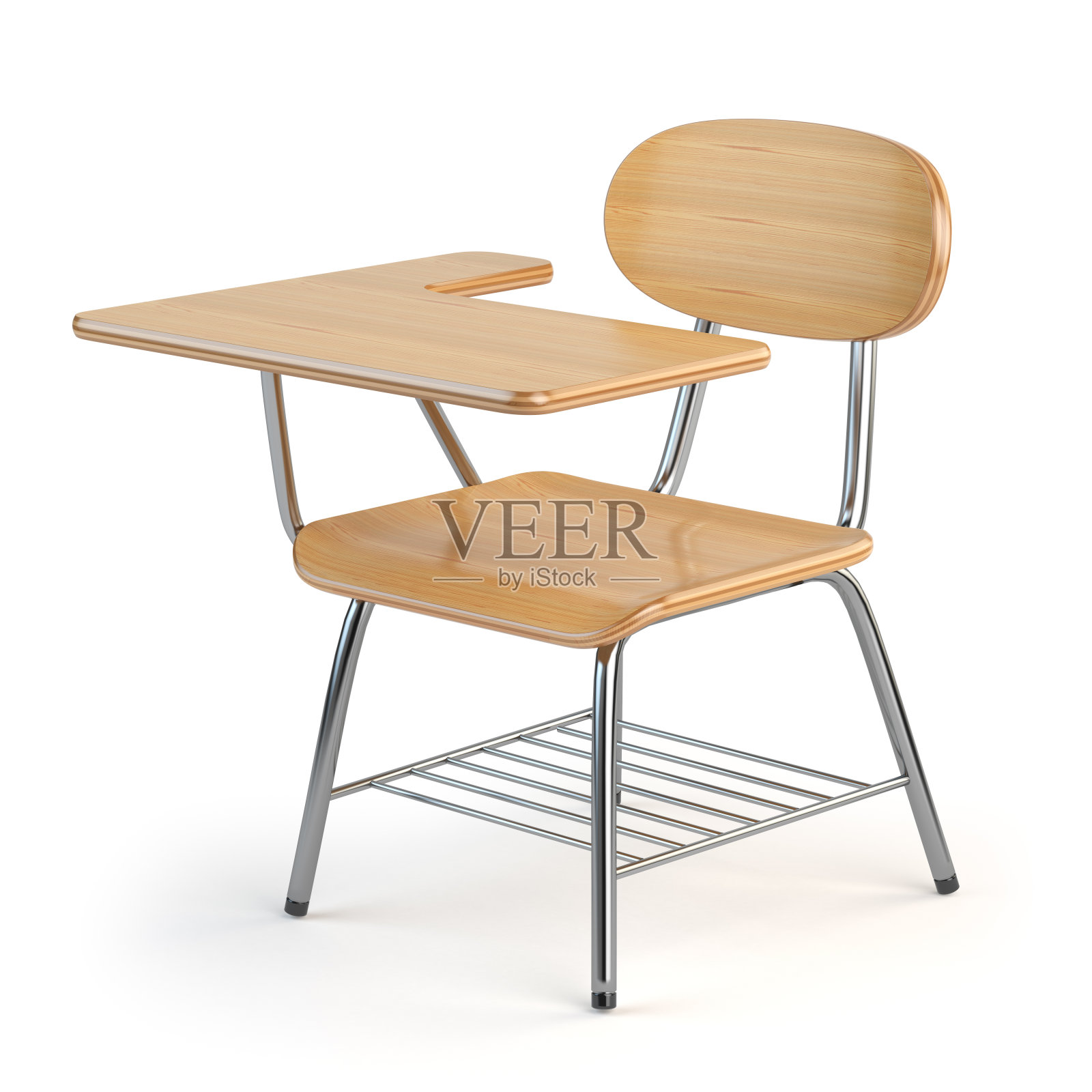 木制的课桌和椅子孤立在白色上。照片摄影图片