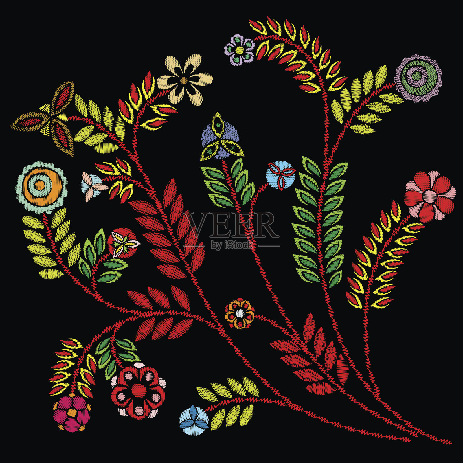 刺绣色彩缤纷的潮流花束。黑色背景插花的当代民间传统服饰设计。热带日本青年枝开花。向量。插画图片素材