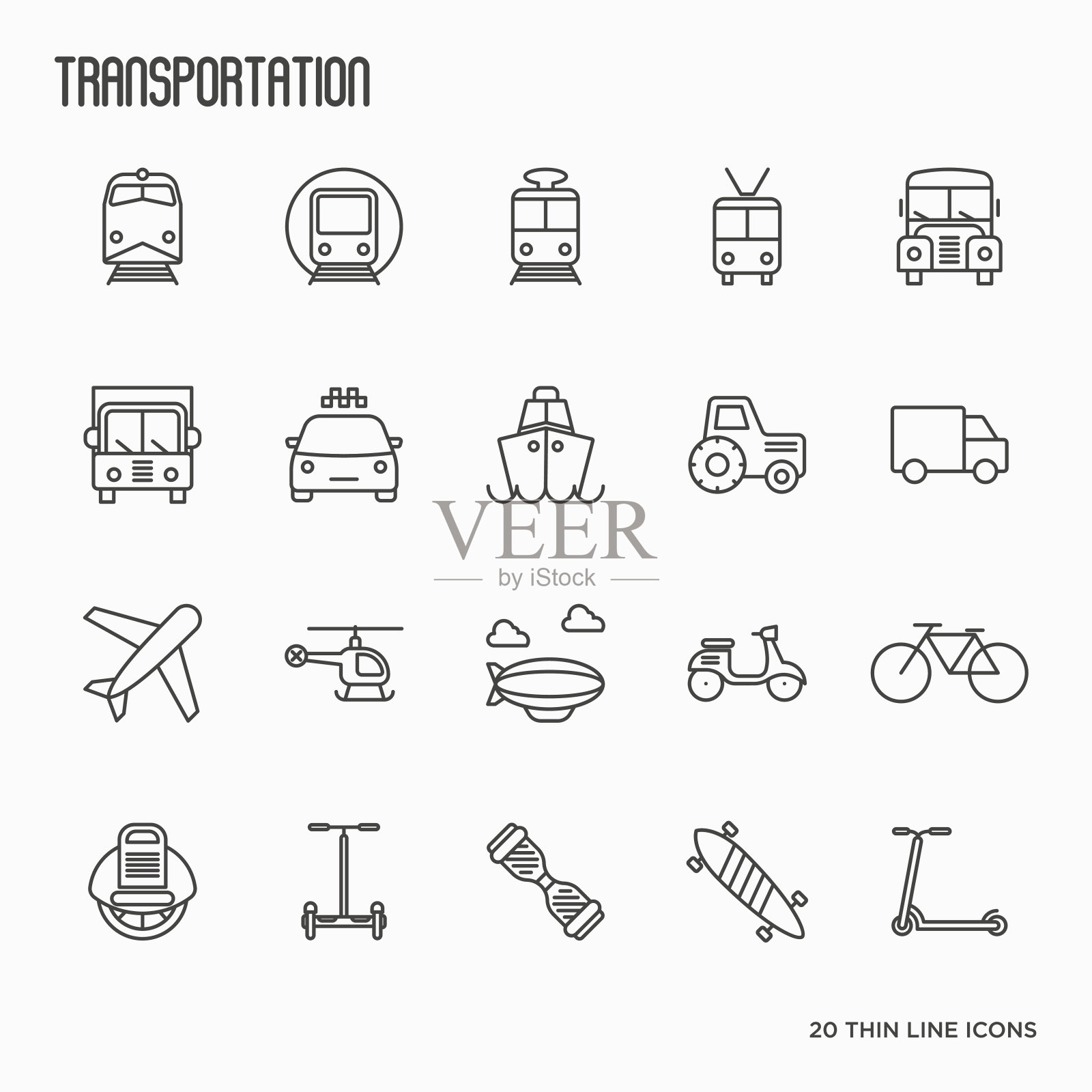 交通，物流和旅行细线图标集。矢量插图。图标素材