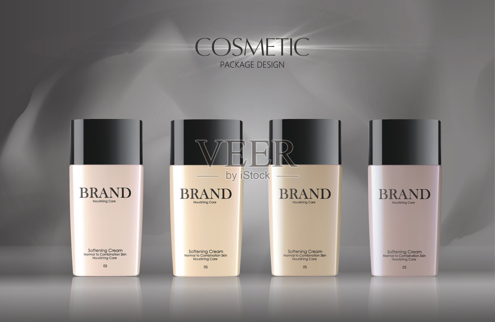 新化妆品广告。设计盒彩色留妆，包含在透明瓶，奶油色皮肤背景，3d插图设计模板素材