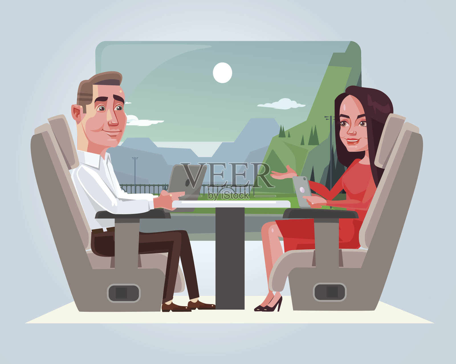 快乐微笑的商人男女人物在火车上交谈。旅游的概念插画图片素材