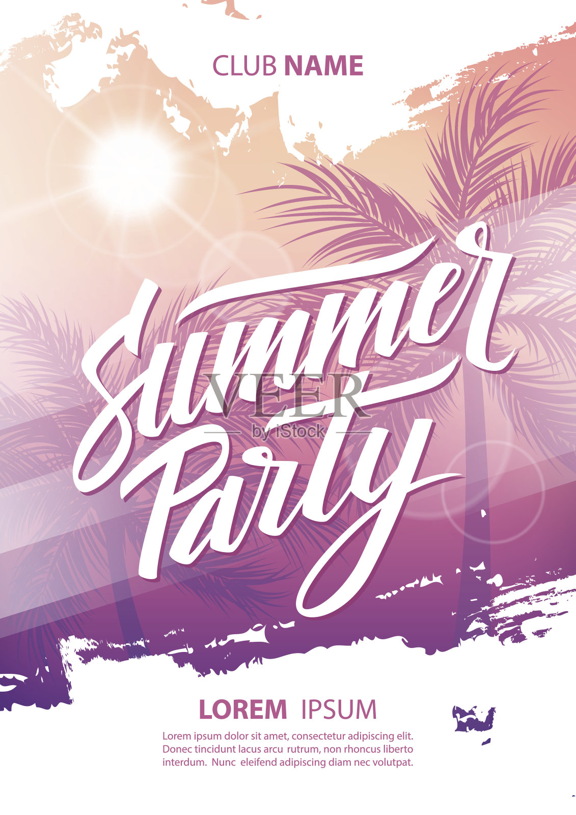夏日派对海报与手绘字母，棕榈树和太阳。设计模板素材