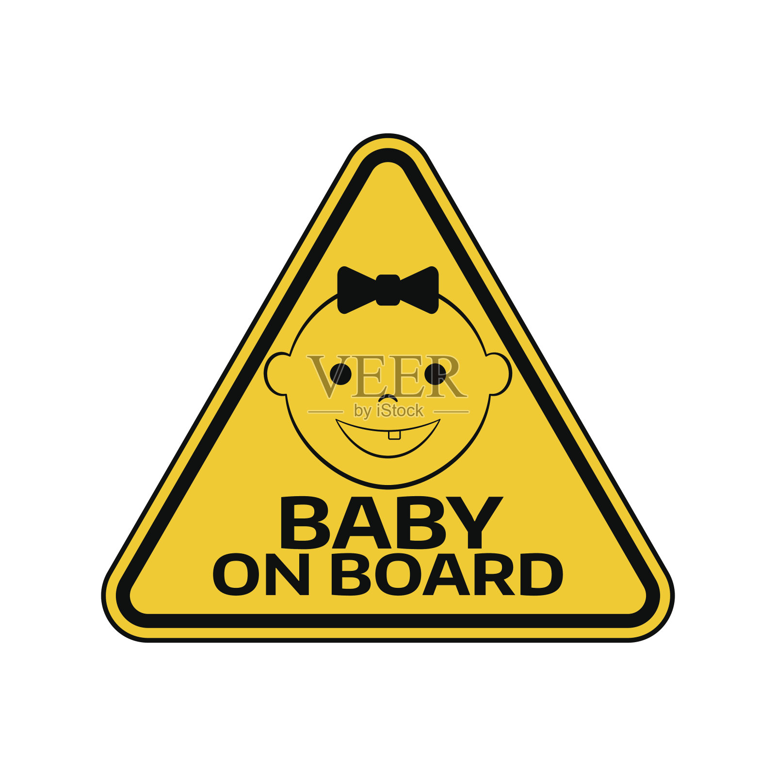 在白色背景上的黄色三角形中，婴儿的笑脸是女孩的剪影。汽车贴纸警告插画图片素材