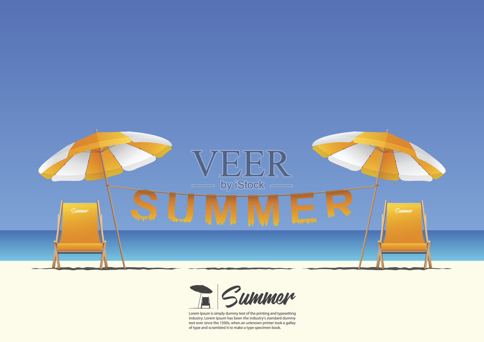 夏天的海滩景观与橙色的海滩椅，橙色的海滩伞和夏季字体挂在晾衣绳上的蓝色梯度天空背景与复制空间为你的文本。插画图片素材