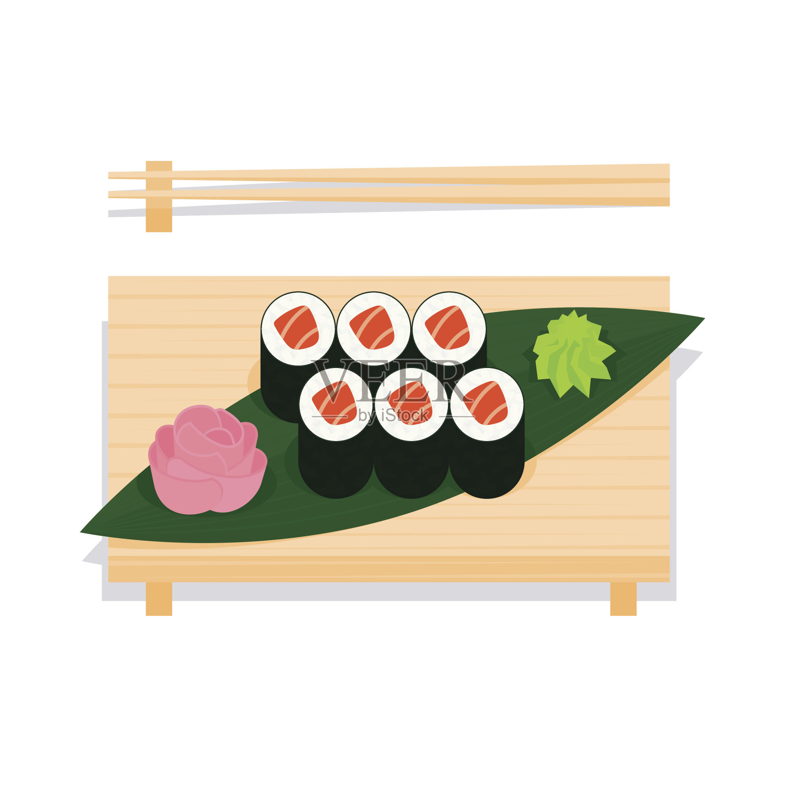 寿司配三文鱼放在木板上。插画图片素材