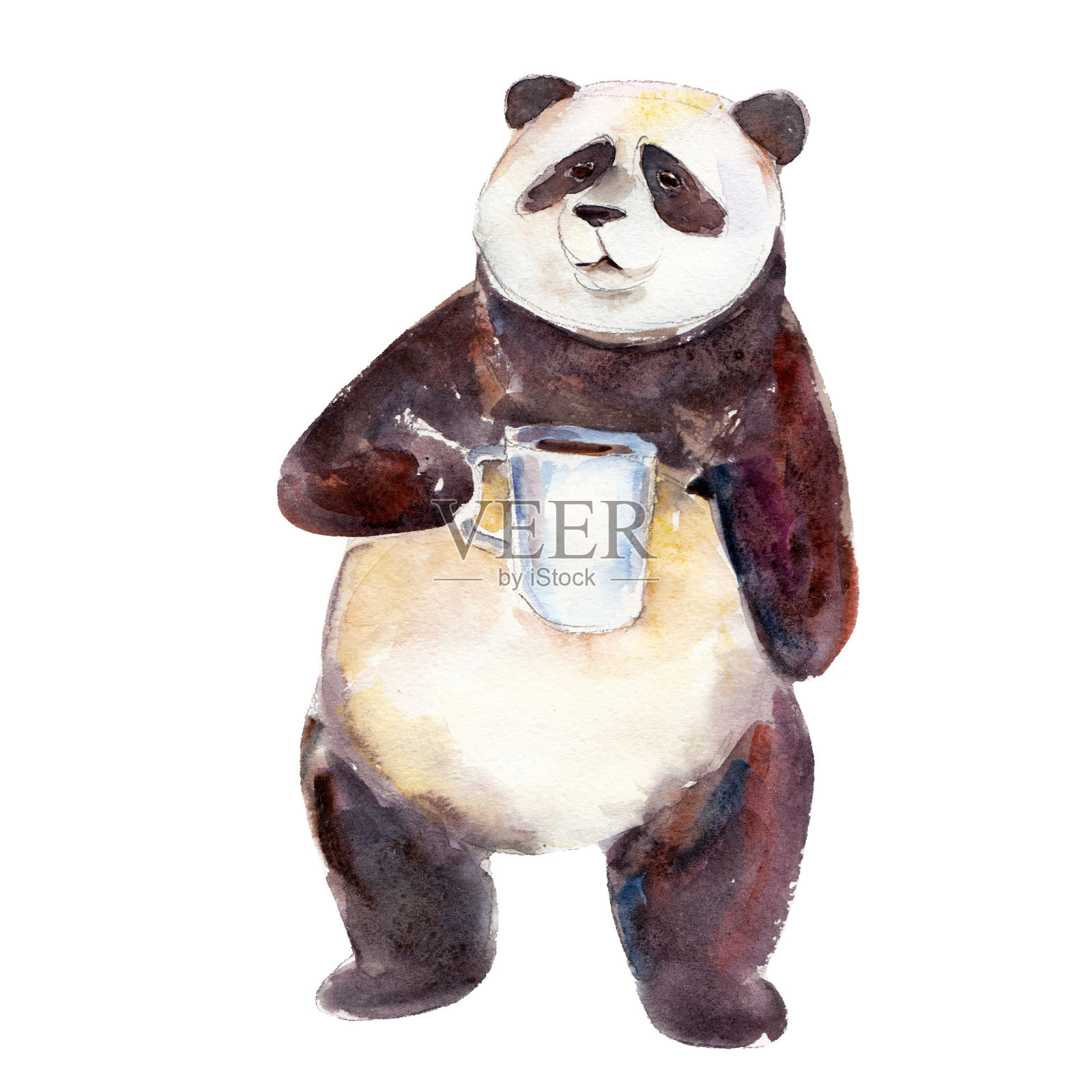 水彩画的熊猫与一杯咖啡设计元素图片