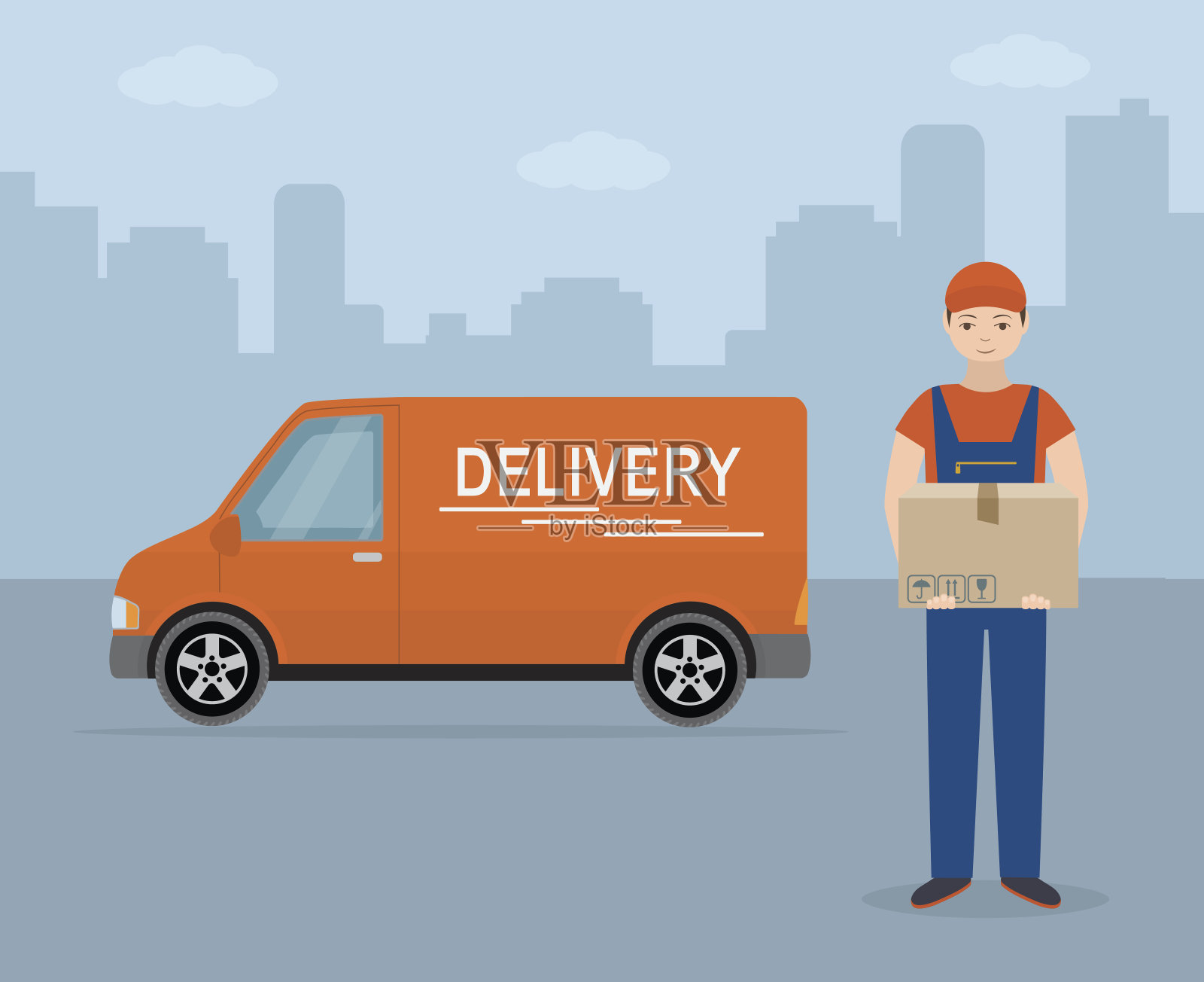 一个拿着纸箱和货车的男人，以城市为背景。插画图片素材