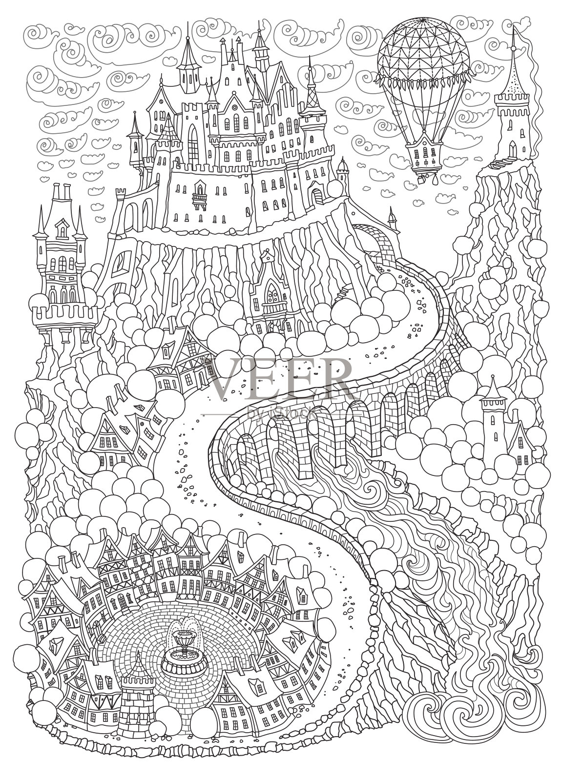 幻想景观与气球。童话中的中世纪城堡，坐落在老街上。t恤打印。专辑封面，请帖。涂色书页为成人和儿童。黑白垂直页插画图片素材