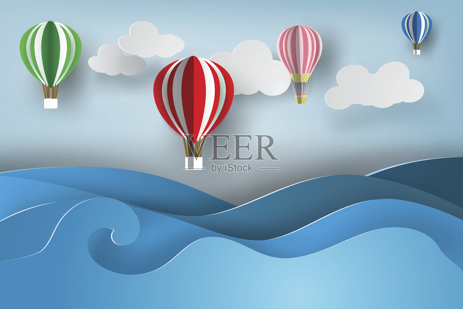 纸艺术气球上的海景，向量，夏天插画图片素材