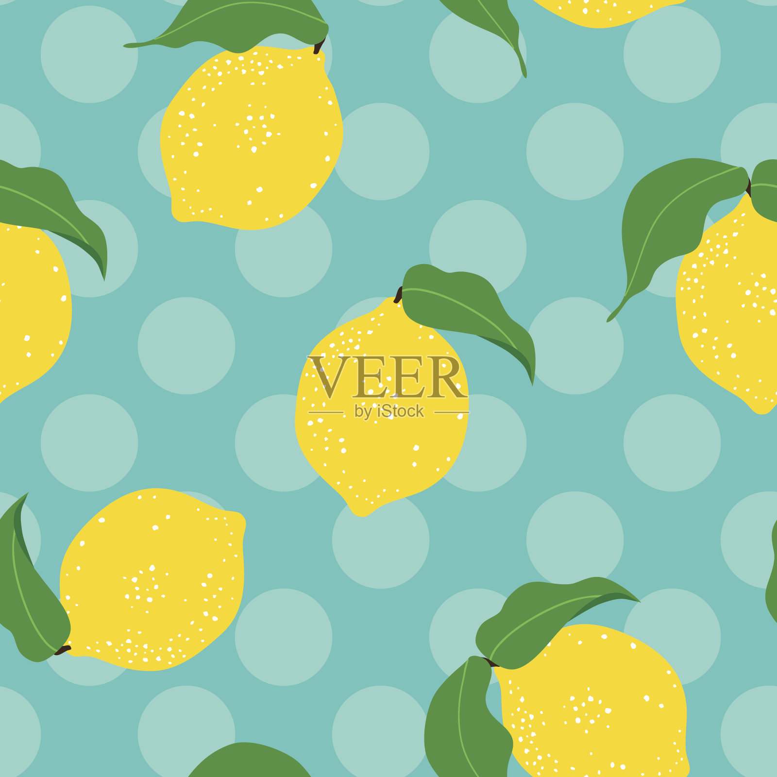 无缝花卉图案与柠檬水果在波尔卡点背景。插画图片素材