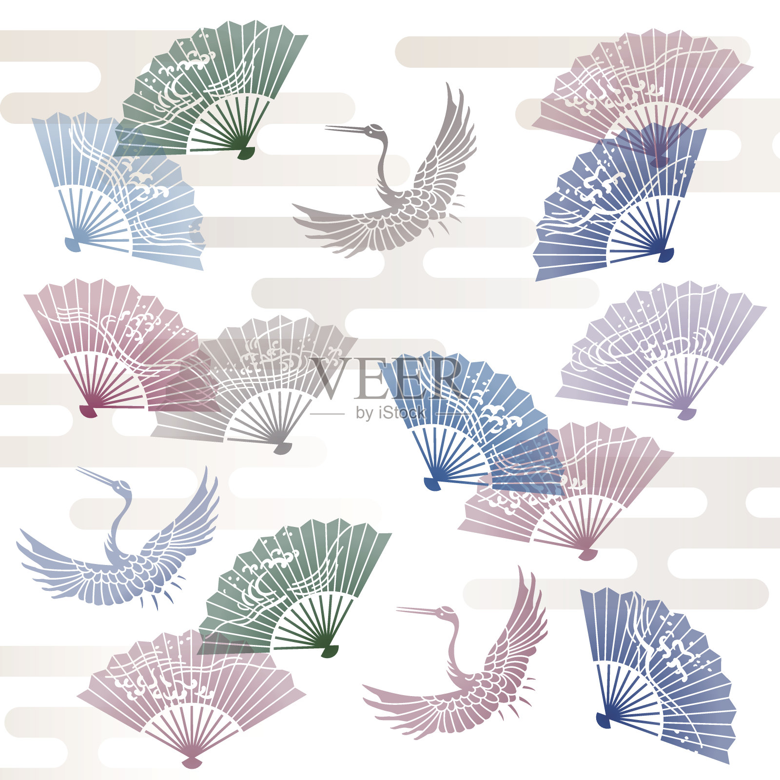 手扇和鹤日式传统图案插图插画图片素材