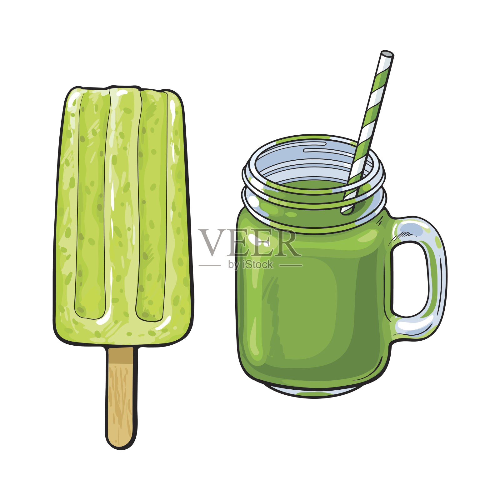 抹茶、绿茶甜点、冰沙和冰棒插画图片素材