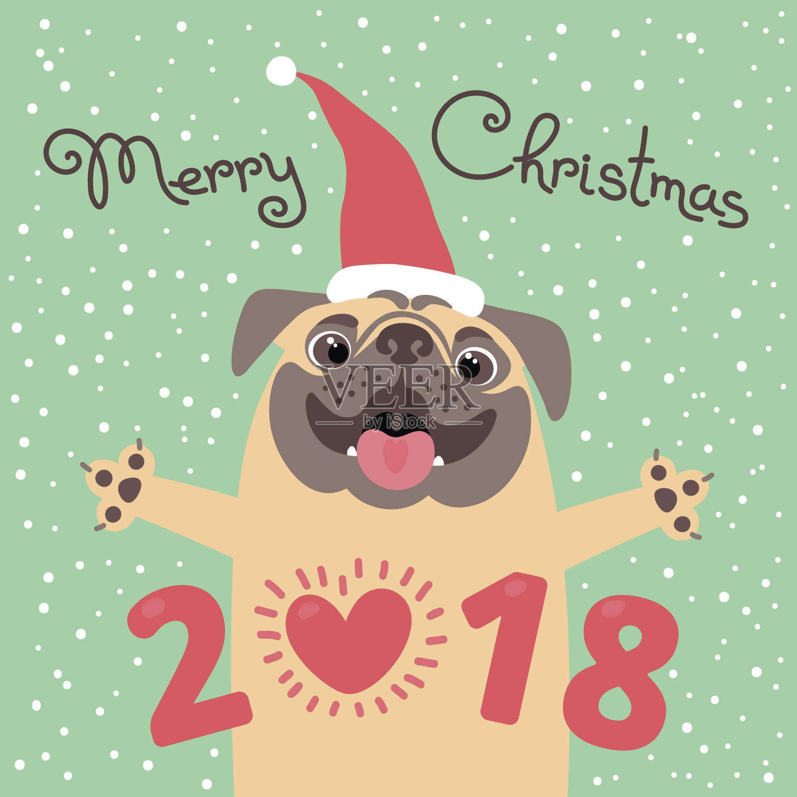 2018年有狗的圣诞贺卡。滑稽的哈巴狗恭贺节日。卡通风格的彩色明信片设计模板素材