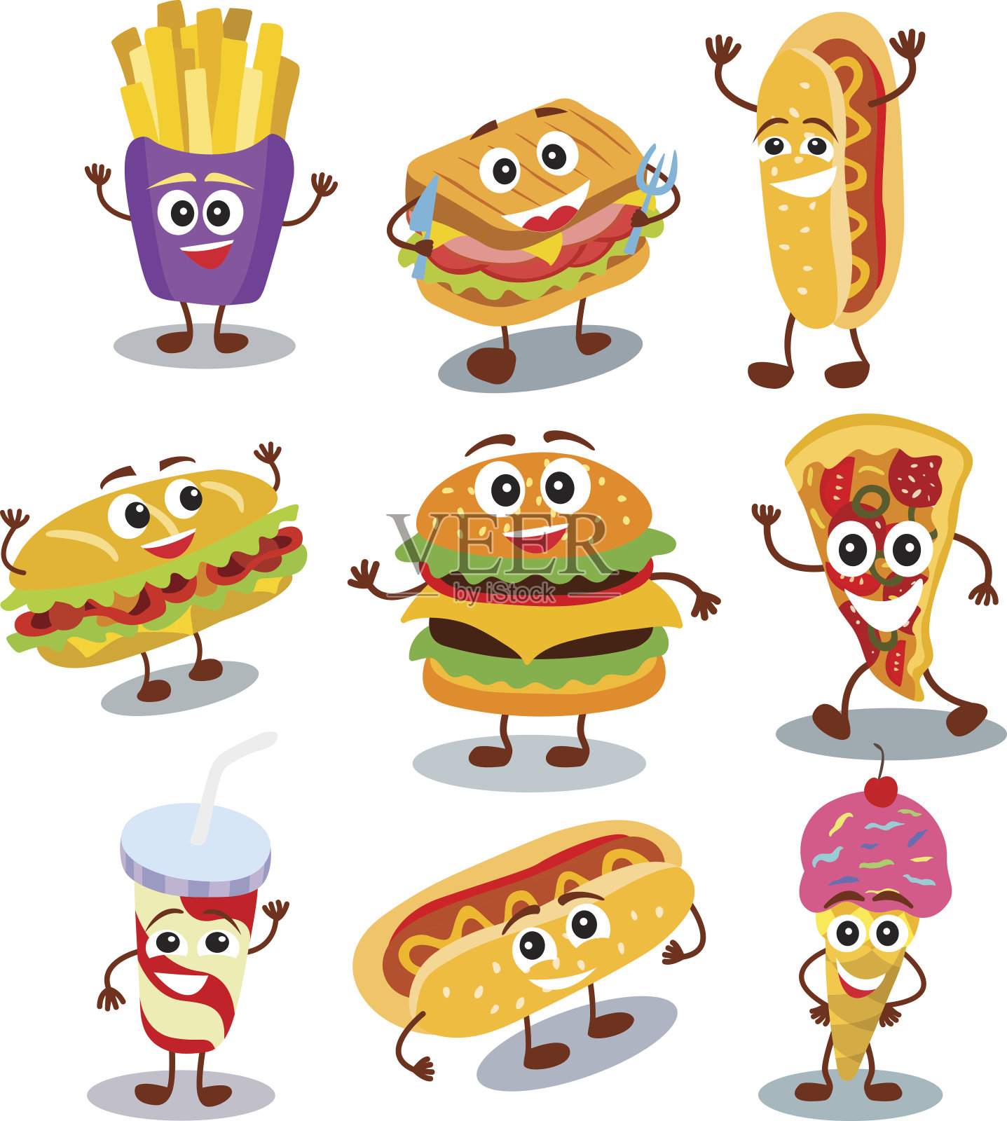 有趣，可爱的快餐汉堡包，三明治，热狗，披萨，冰淇淋，薯条，饮料在杯子与微笑的人脸孤立在白色的背景。插画图片素材