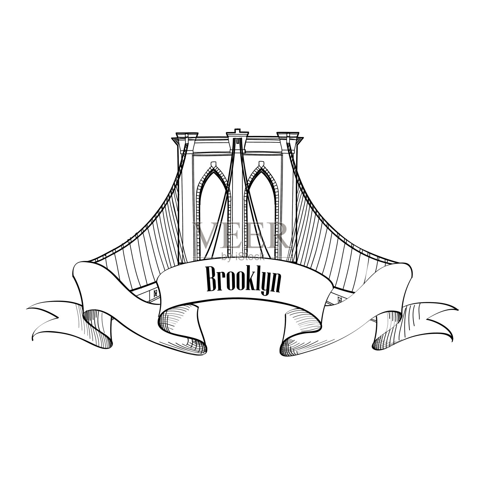 布鲁克林大桥拱门标签。纽约地区的建筑标志插画图片素材