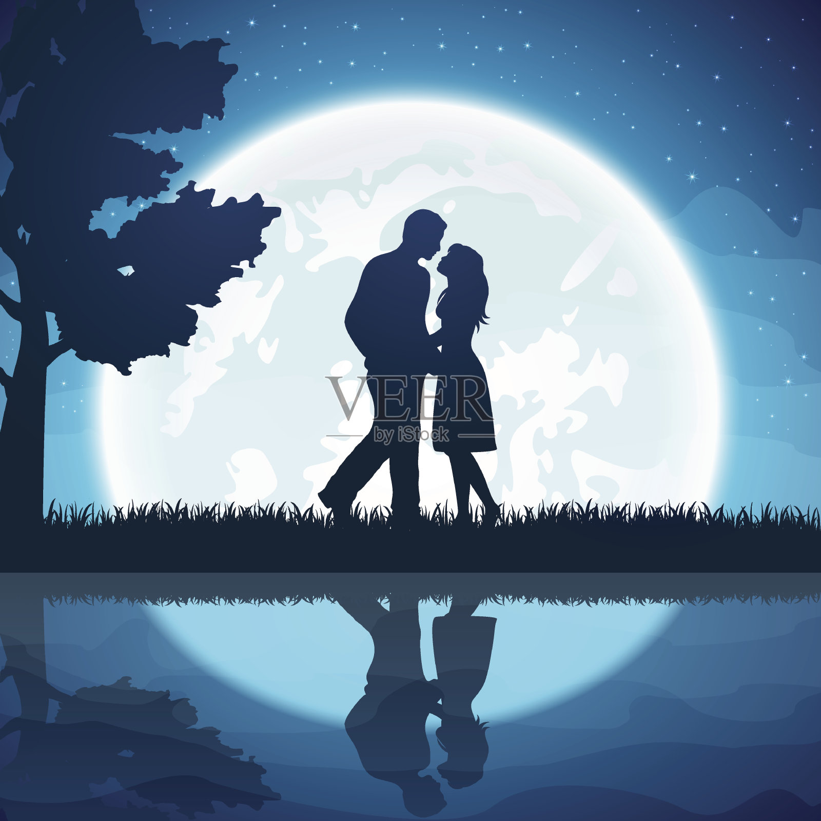 月亮背景上的一对恋人插画图片素材