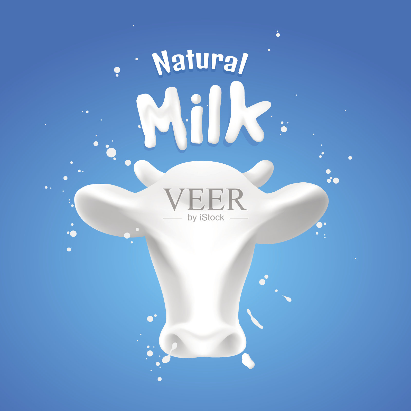 一个抽象的奶牛的头与牛奶飞溅在蓝色的场景。插画图片素材