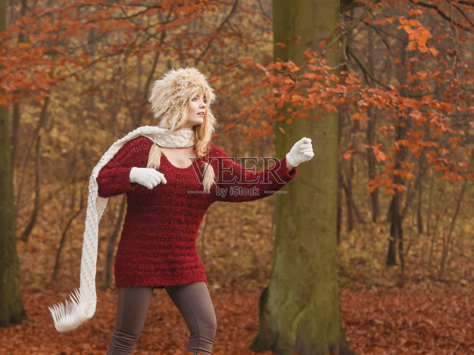时尚女子在秋风秋林的公园里。照片摄影图片
