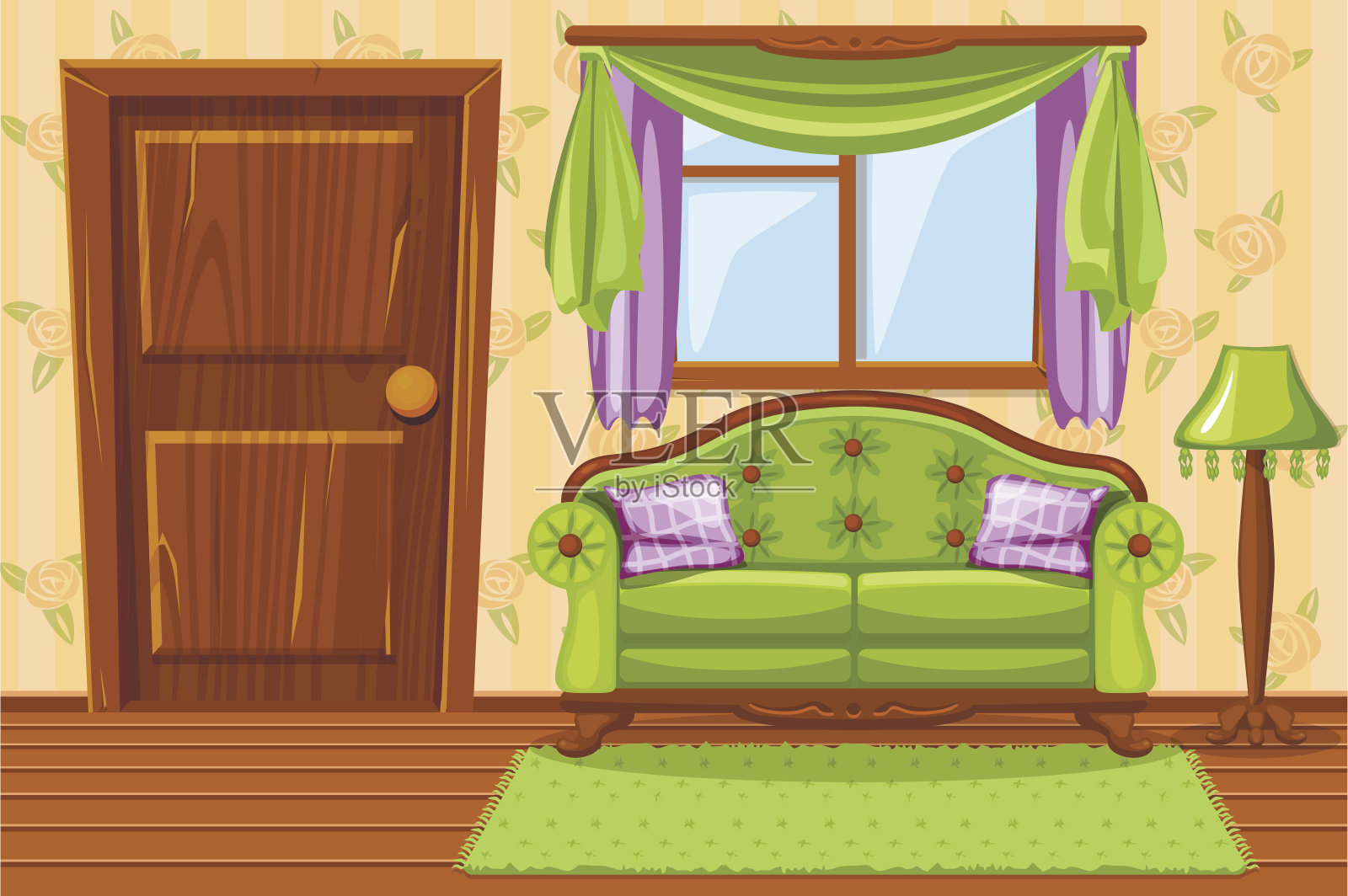 设置卡通绿色复古软垫家具，客厅设计元素图片