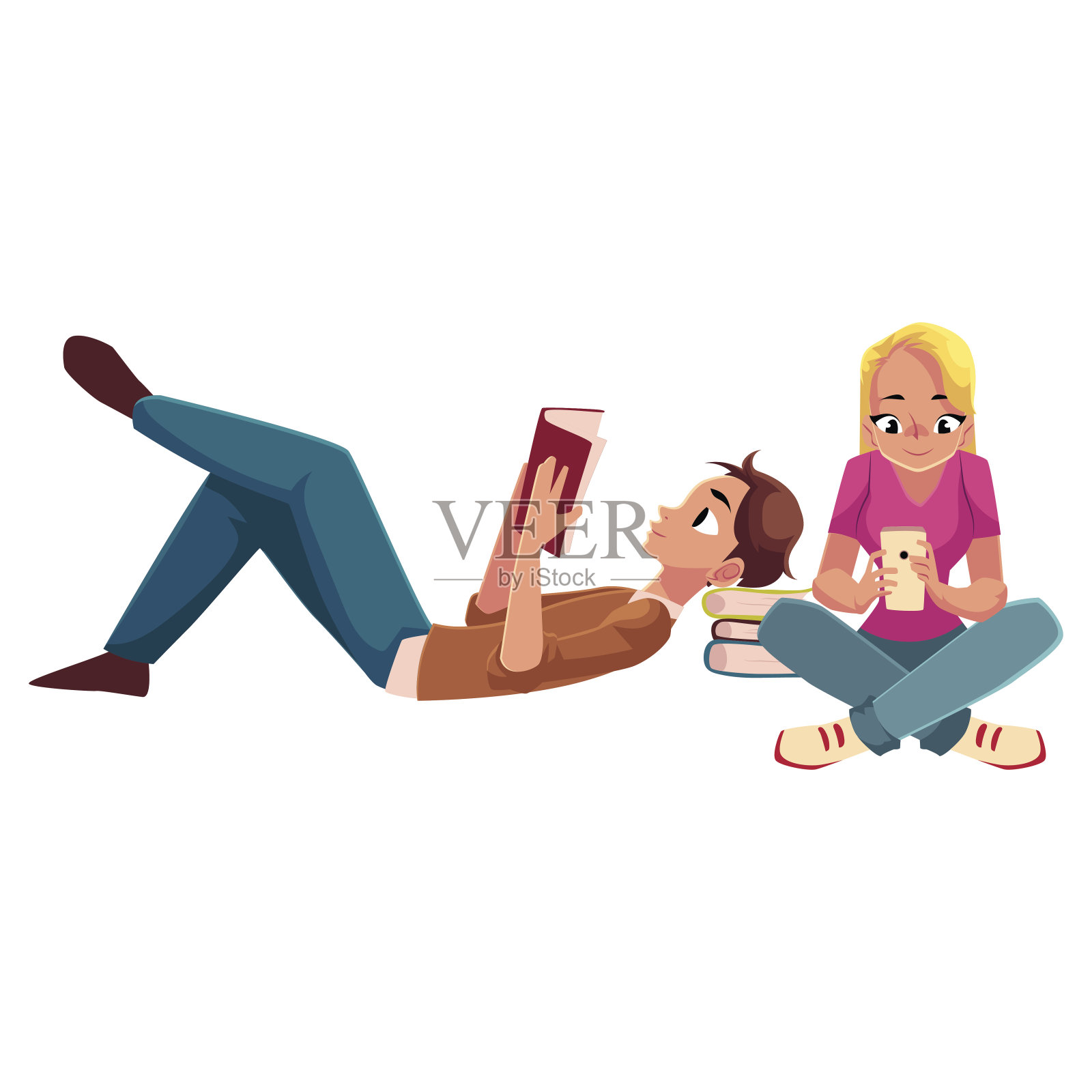 男孩，男人在看书撒谎，女人，女孩在打手机插画图片素材