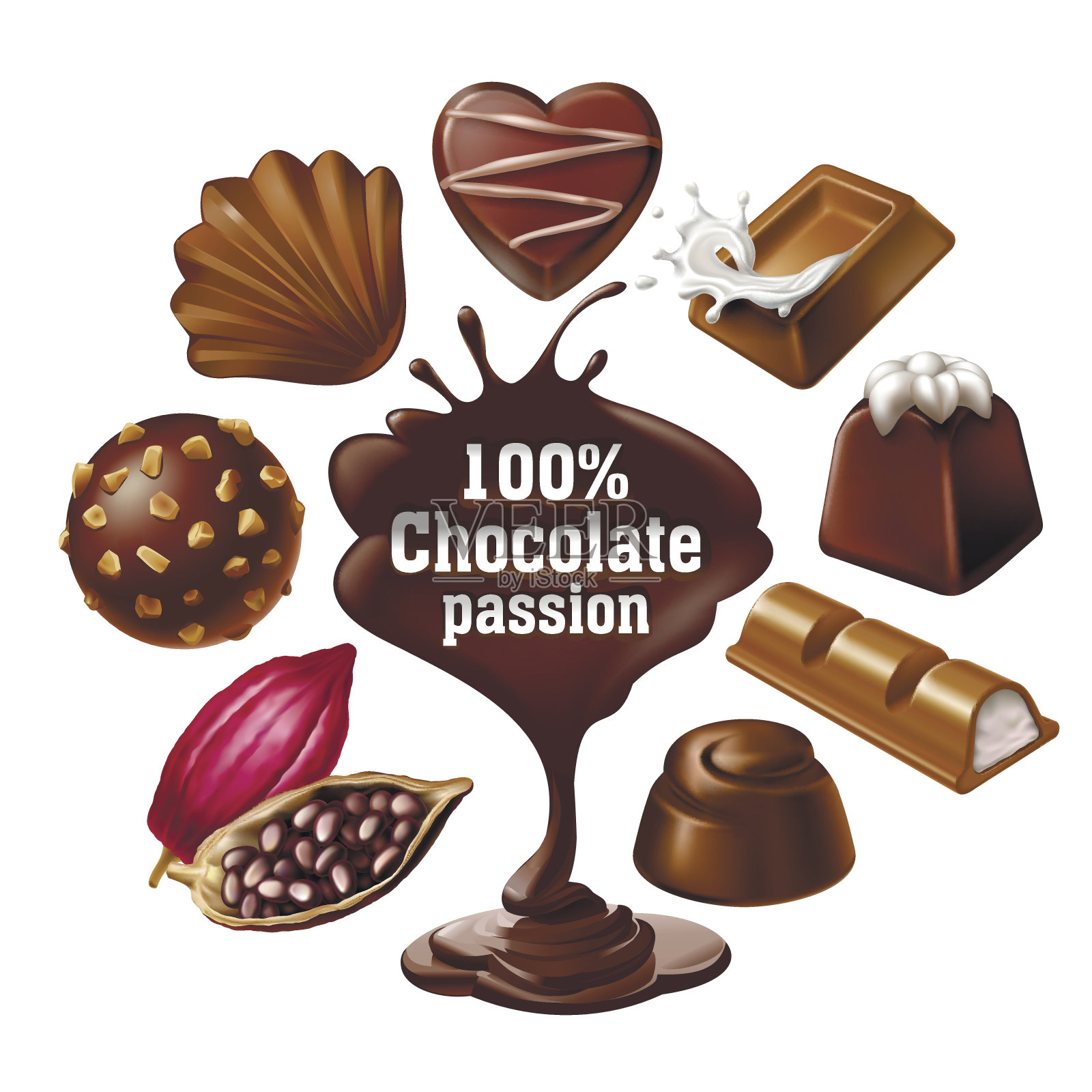 一组矢量图标的巧克力甜点和糖果，液体巧克力和可可豆设计元素图片