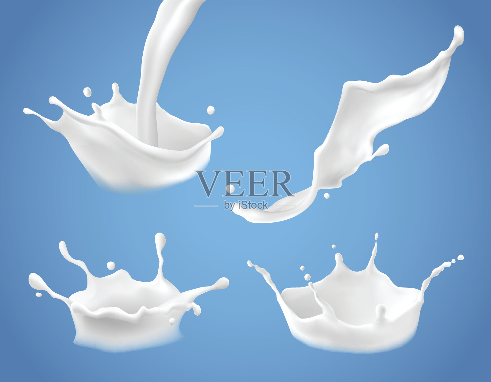 3D矢量牛奶喷溅和倾倒，现实的天然乳制品，酸奶或奶油插画图片素材