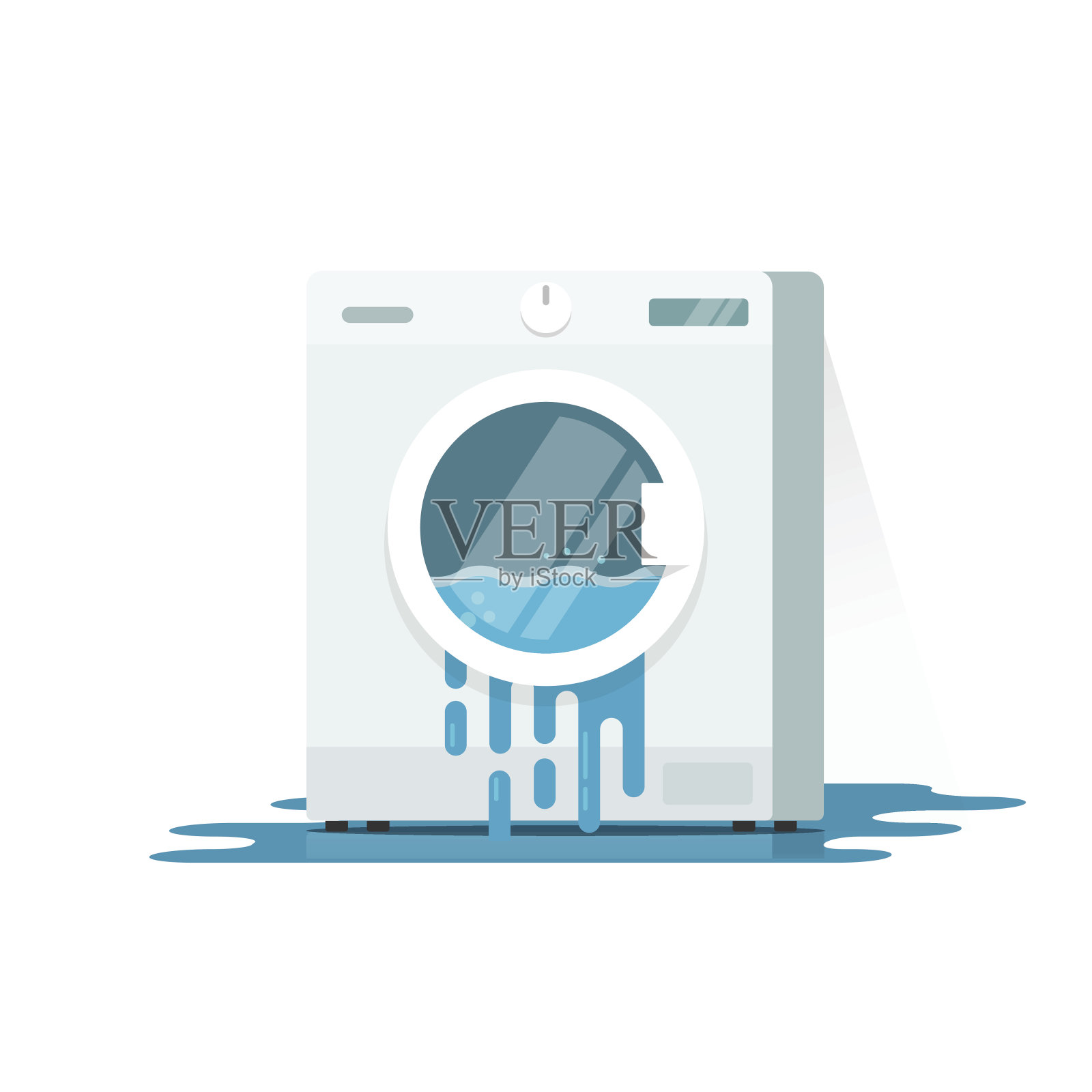 破碎的洗衣机矢量插图，平面卡通损坏的洗衣机与流动的水在地板上需要修理隔离插画图片素材