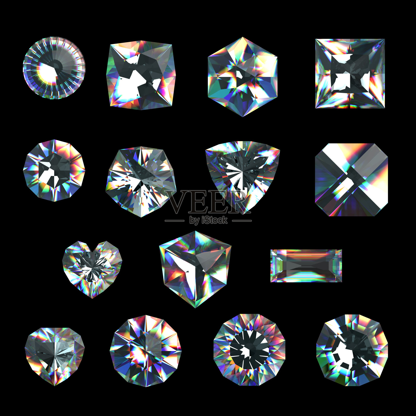 3d晶体，组合切割宝石，清楚的珠宝，钻石和辉煌插画图片素材