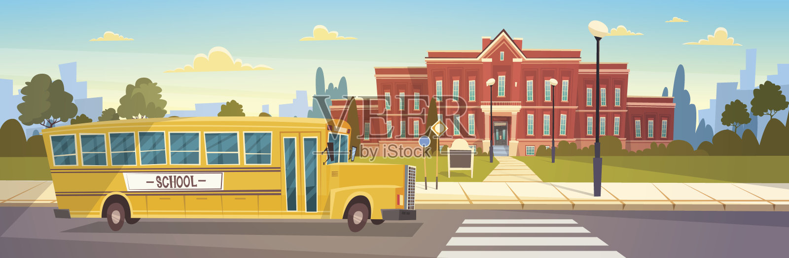 教学楼前的黄色公共汽车小学生交通插画图片素材