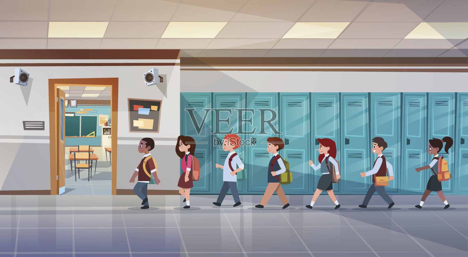 一组学生走在学校走廊到教室，混合种族学生插画图片素材
