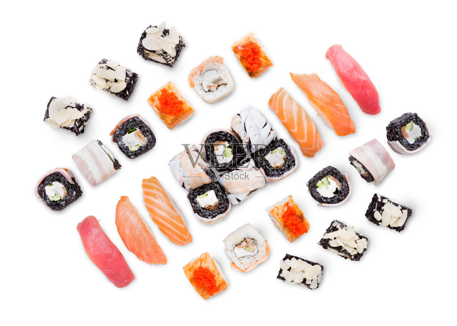 一套寿司，maki和卷孤立在白色的背景照片摄影图片