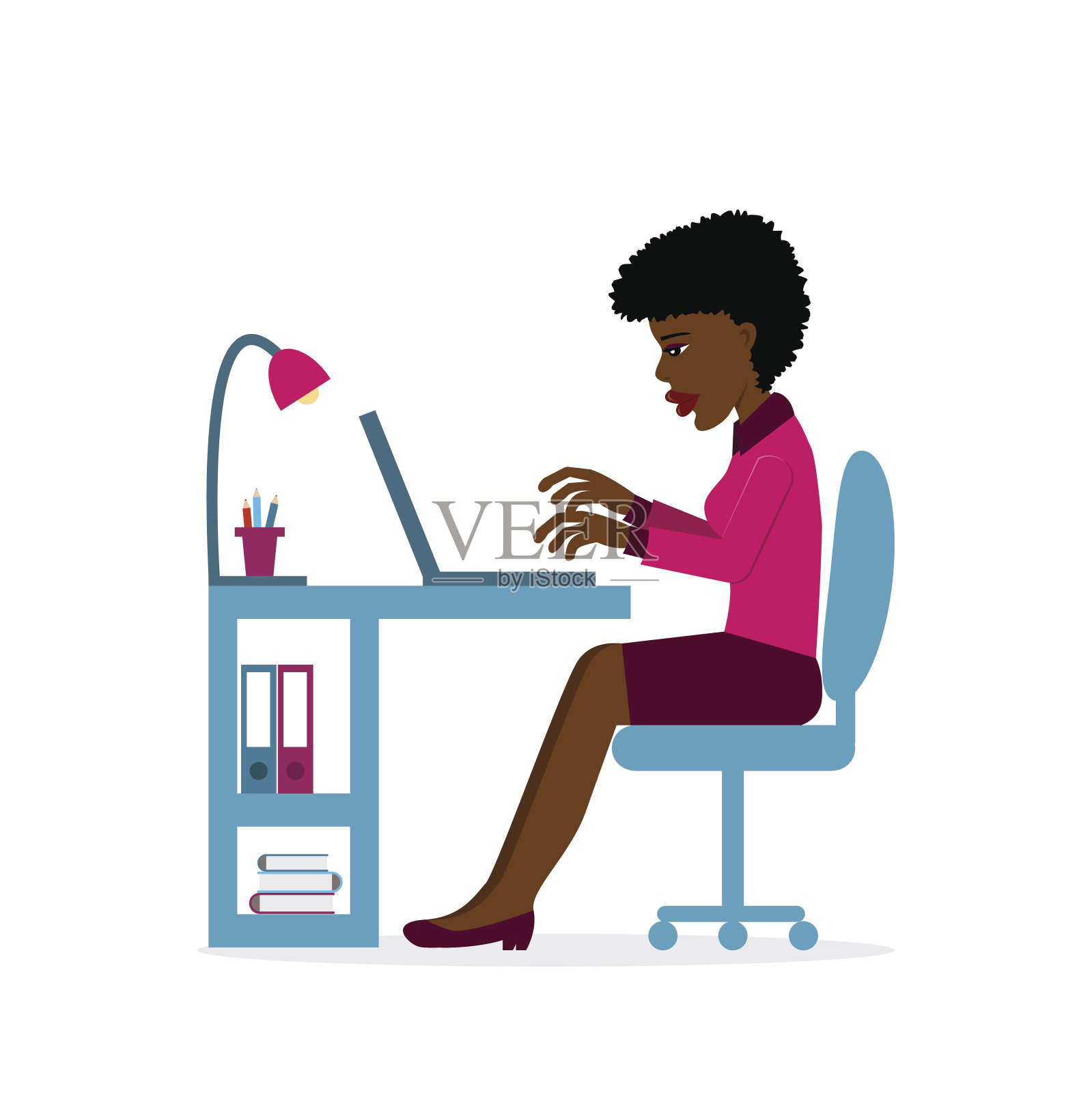 非裔美国女性在办公室用手提电脑工作插画图片素材