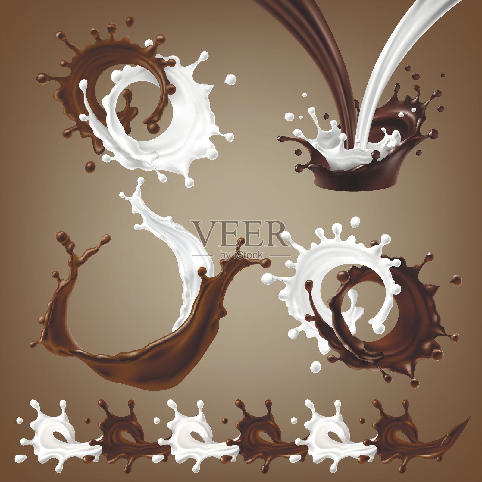 设置矢量3D插图，飞溅和滴融化的黑巧克力，热咖啡和牛奶流混合插画图片素材
