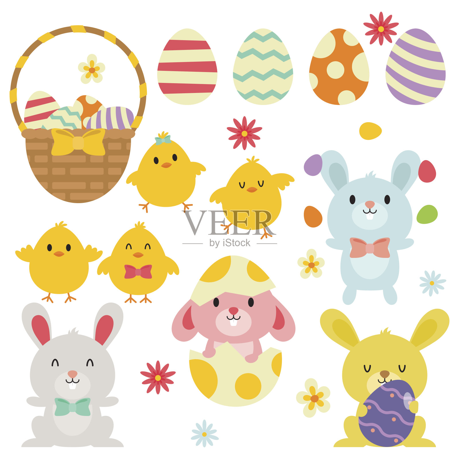 复活节蛋篮子/兔子/小鸡在白色的背景设计元素图片