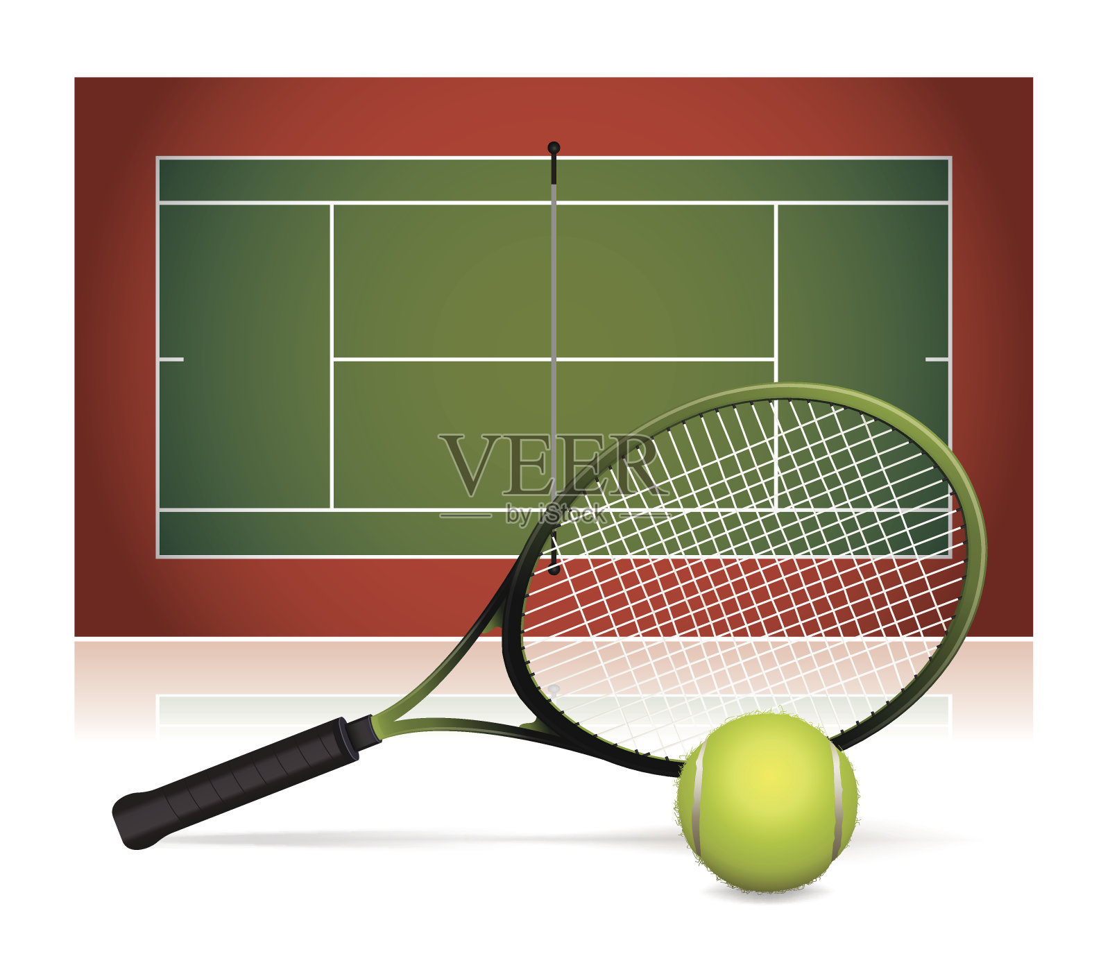 矢量现实网球场插图与球拍和球设计元素图片