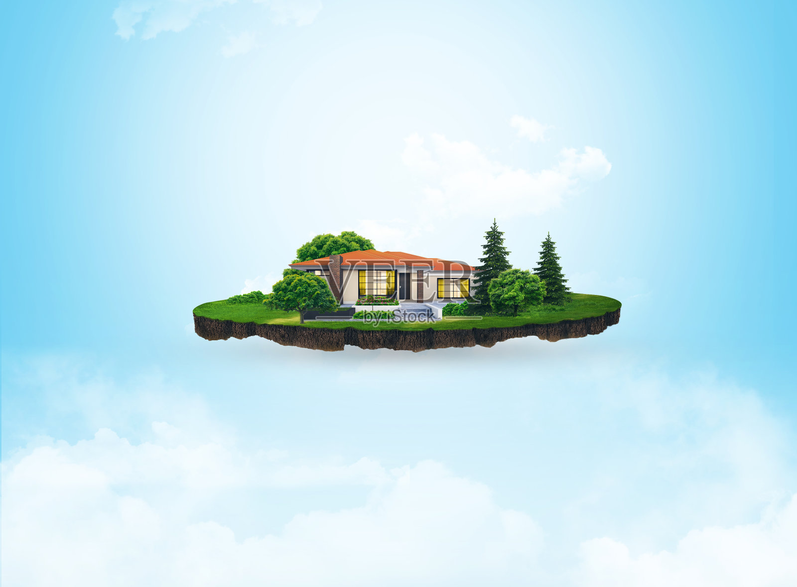 土壤切片的3d插图，在绿色草地上的房子与树木孤立的天空背景照片摄影图片