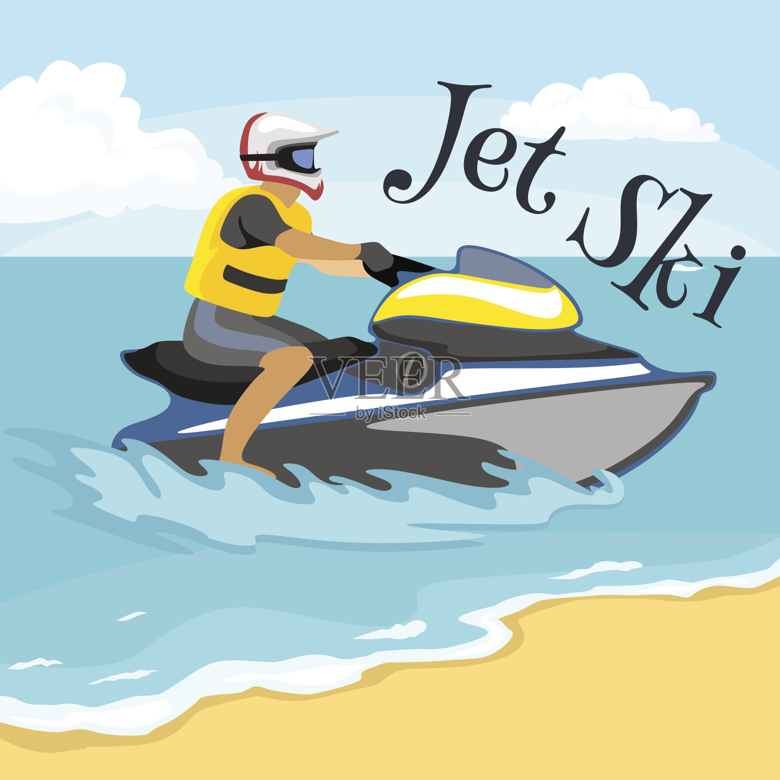 水上摩托艇极限运动，孤立的设计元素暑假活动概念，卡通冲浪，海滩矢量插图，积极的生活方式冒险插画图片素材