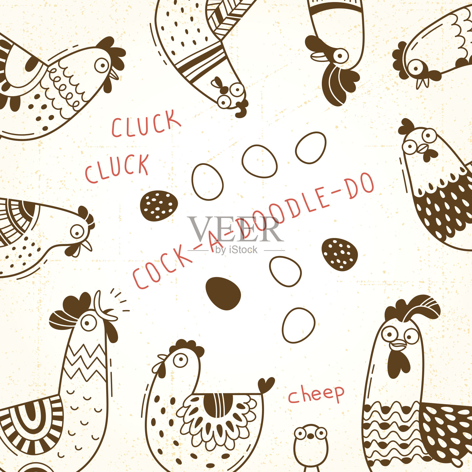 产品包装封面，广告横幅，印有有趣的小鸡，母鸡，公鸡，鸡蛋的卡片。矢量插图卡通风格，线条艺术插画图片素材
